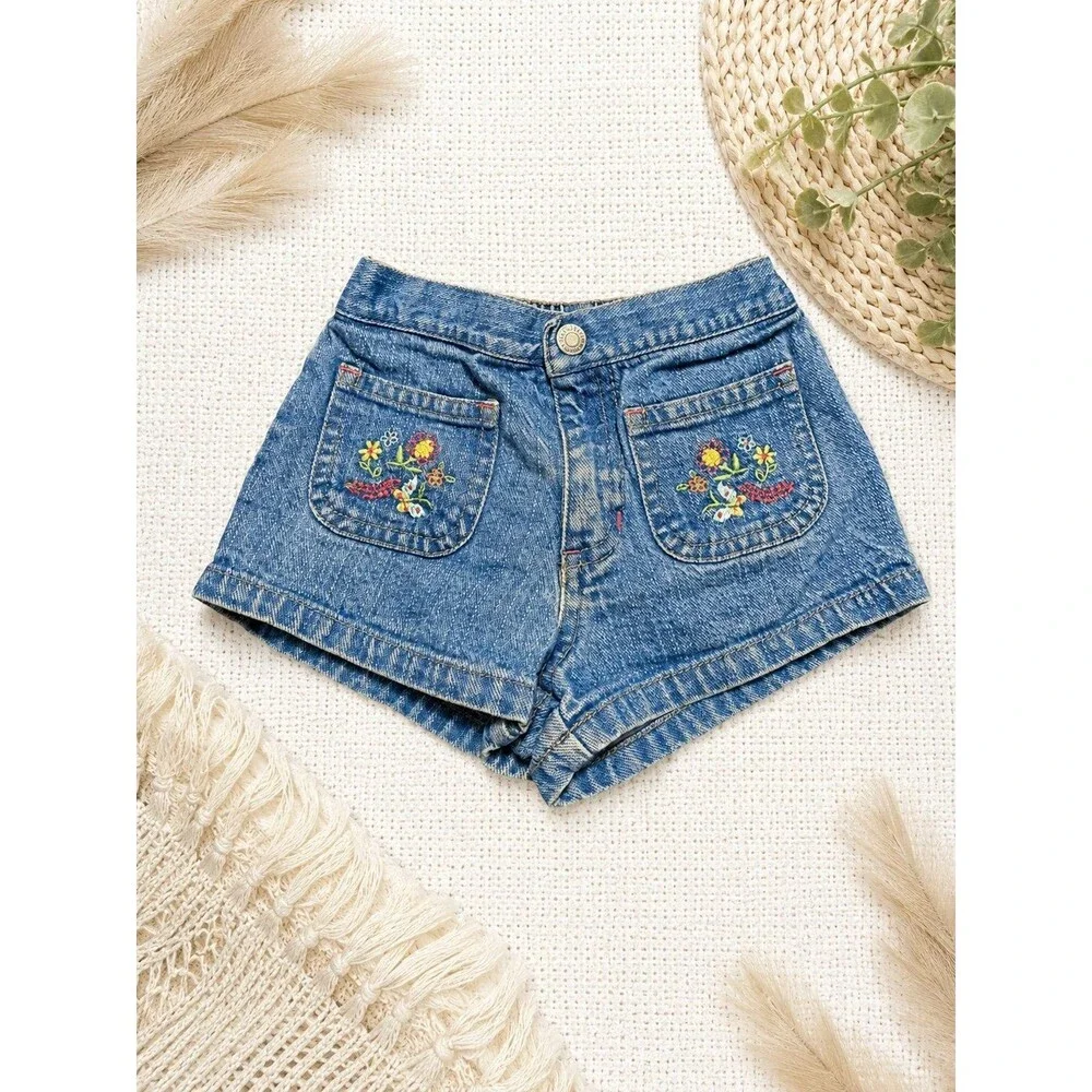 Vintage Old Navy Toddler Denim Shorts Embroidered Floral Pockets 6-12 Months
